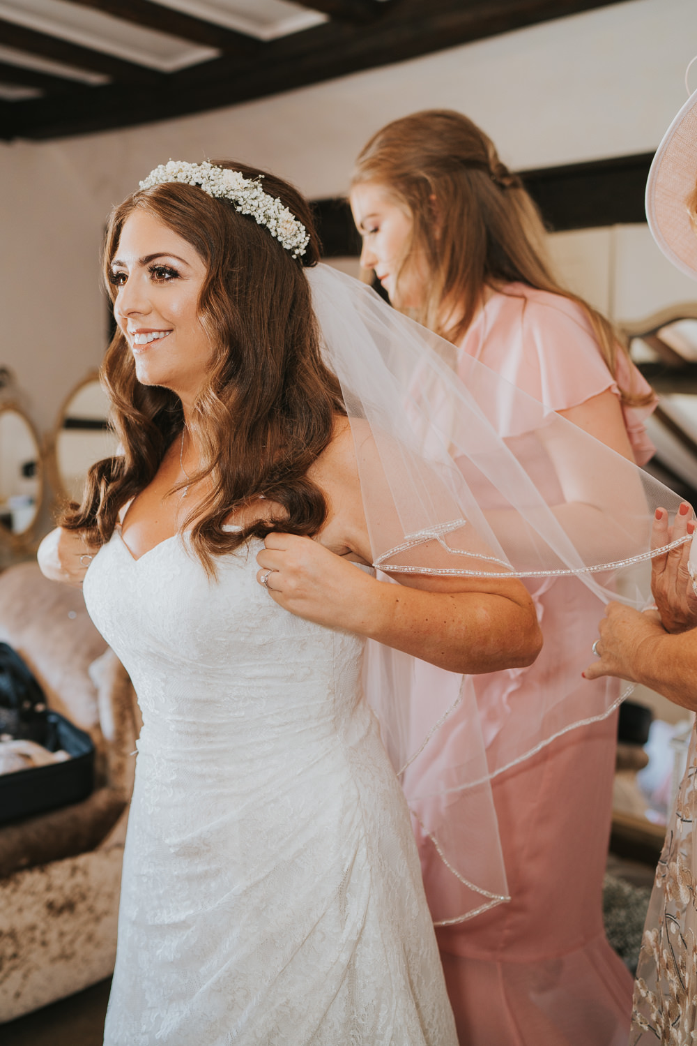 Outdoor Natural Relaxed Laid Back Summer White Dress Bridal Morning Prep Gypsophila Crown | Prested Hall Wedding Grace Elizabeth Photography