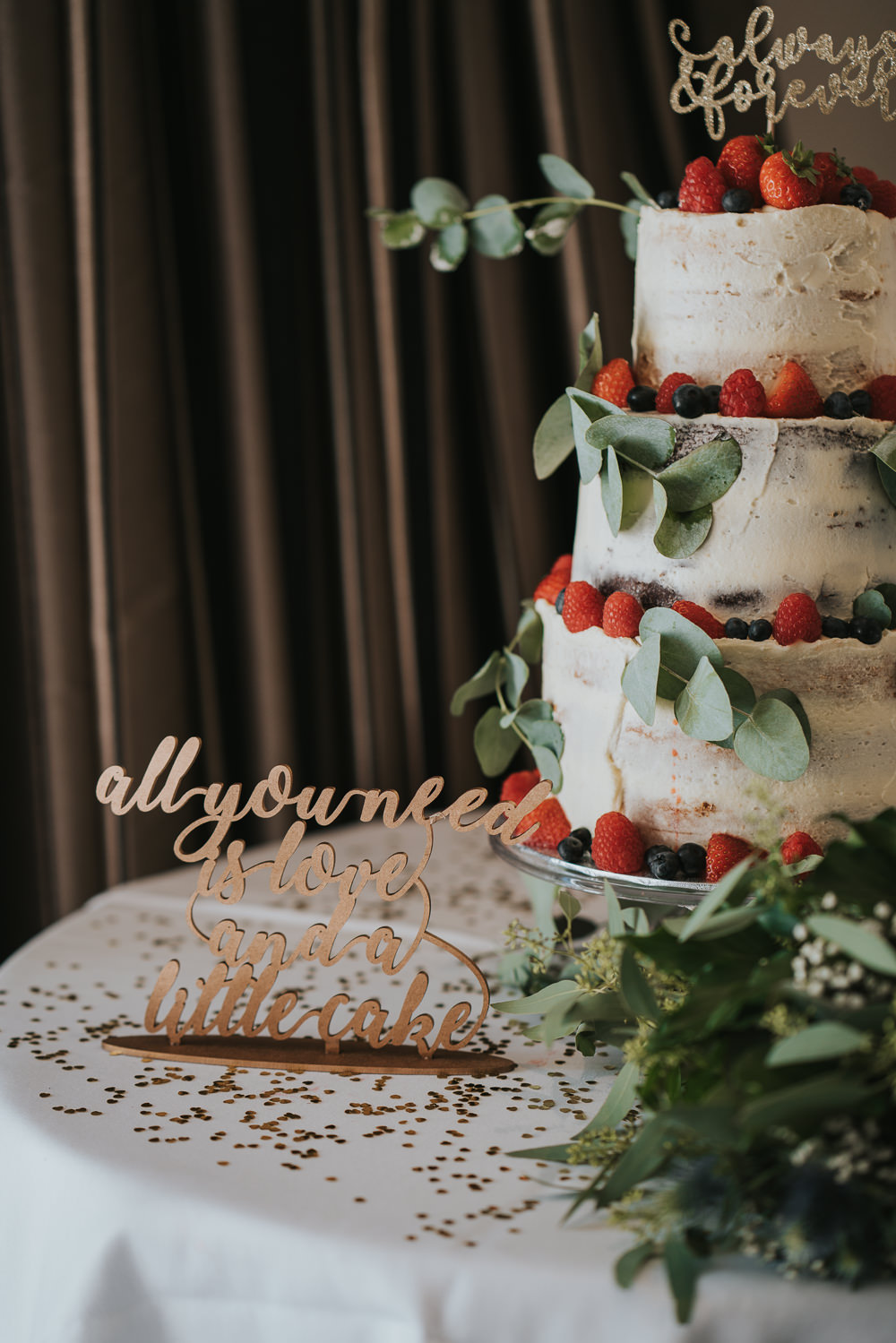 Intimate Outdoor Natural Relaxed Laid Back Summer Reception Straberries Fruit Eucalyptus Semi Naked Cake | Prested Hall Wedding Grace Elizabeth Photography