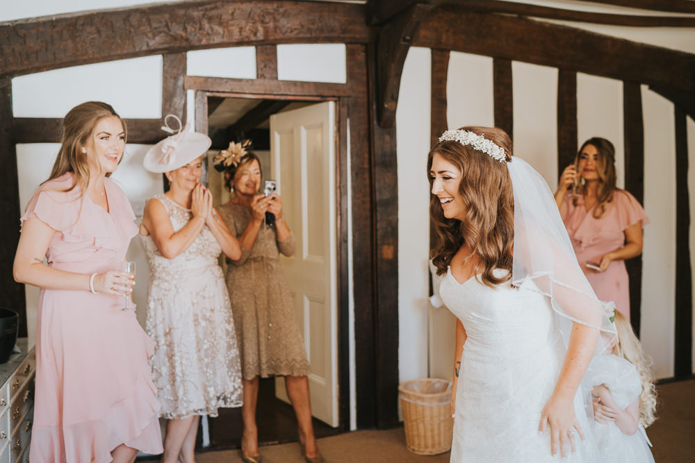 Outdoor Natural Relaxed Laid Back Summer White Bridal Morning Prep Gypsophila Crown Sweetheart Dress First Look | Prested Hall Wedding Grace Elizabeth Photography