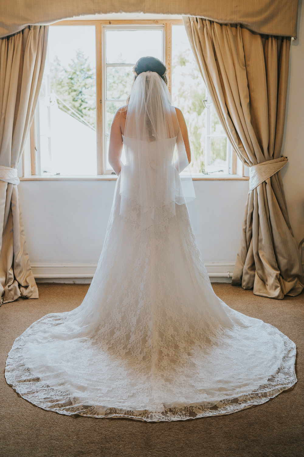 Outdoor Natural Relaxed Laid Back Summer White Dress Bridal Morning Prep Veil Train | Prested Hall Wedding Grace Elizabeth Photography