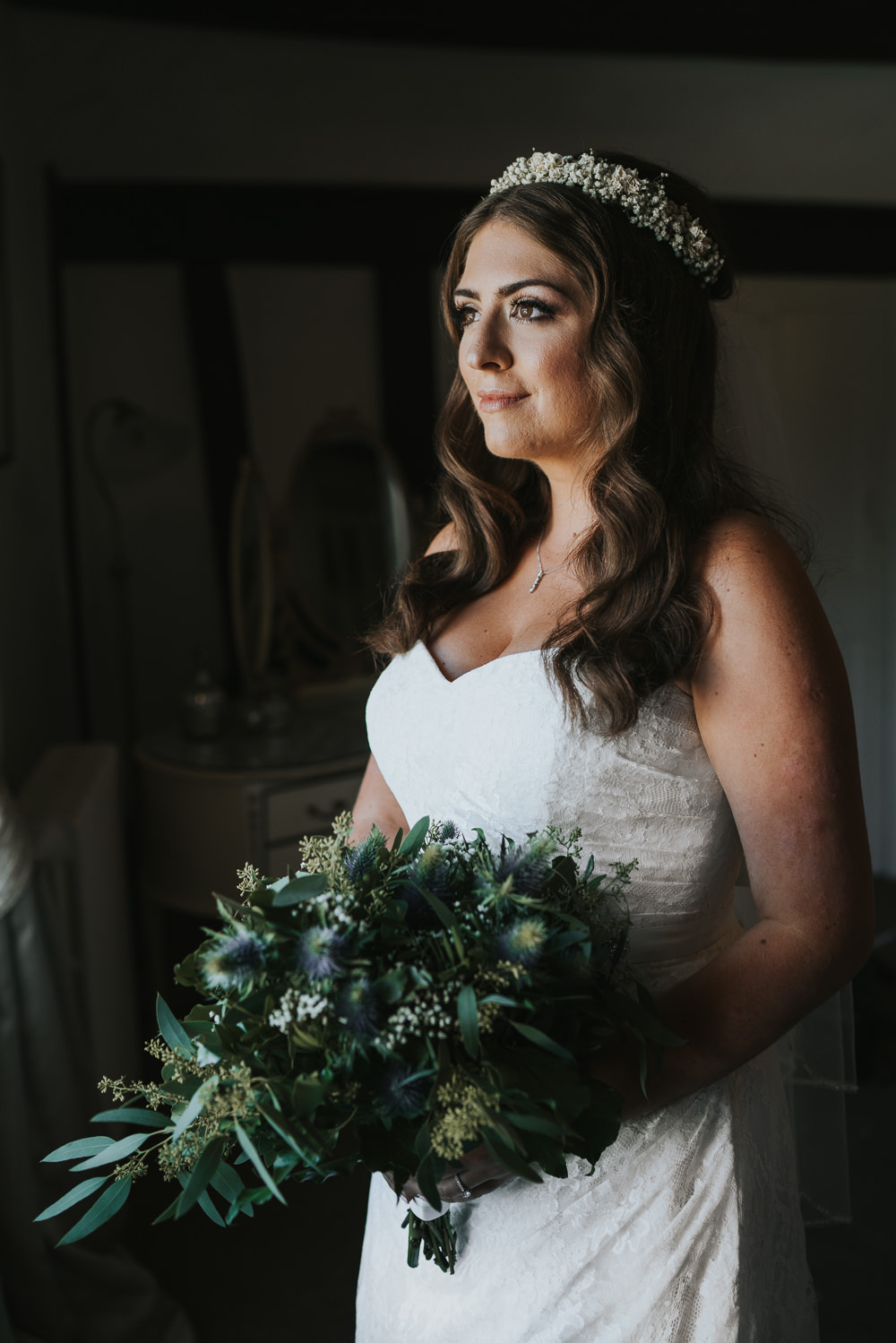 Outdoor Natural Relaxed Laid Back Summer White Dress Bridal Morning Prep Gypsophila Crown Greenery Bouquet | Prested Hall Wedding Grace Elizabeth Photography
