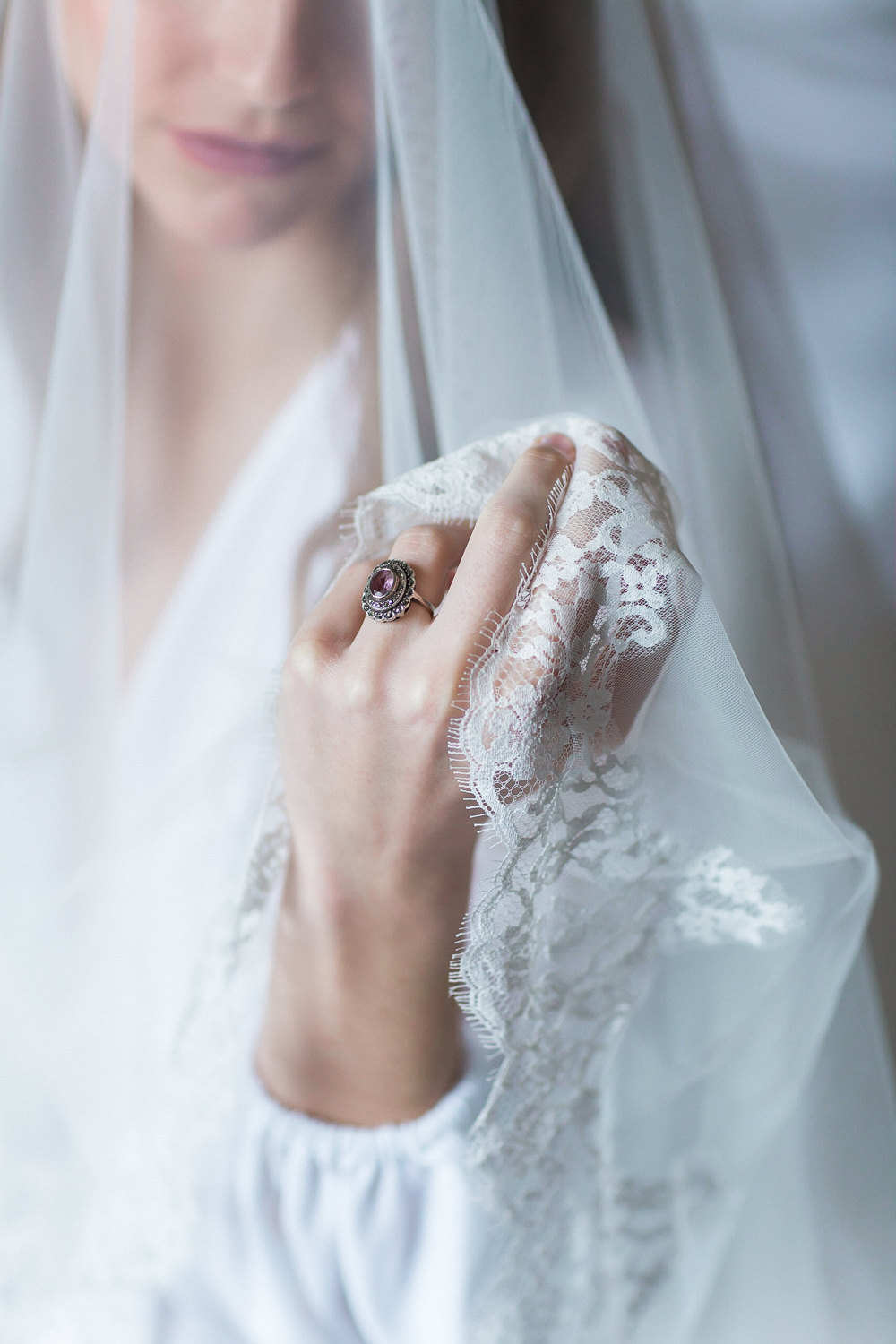 Modern Ballet Inspired Fine Art Editorial Somerley House Morning Bridal Prep Veil Amethyst Ring | Romantic Soft Wedding Ideas Siobhan H Photography
