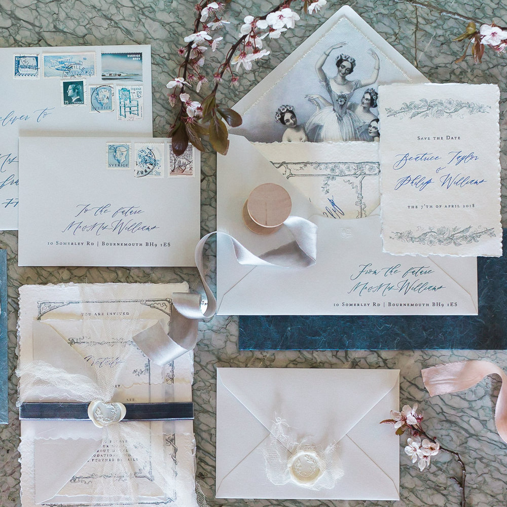 Modern Wabi Sabi Ballet Dance Inspired Editorial Fine Art Stationery Dusty Blue Cherry Blossoms | Romantic Soft Wedding Ideas Siobhan H Photography