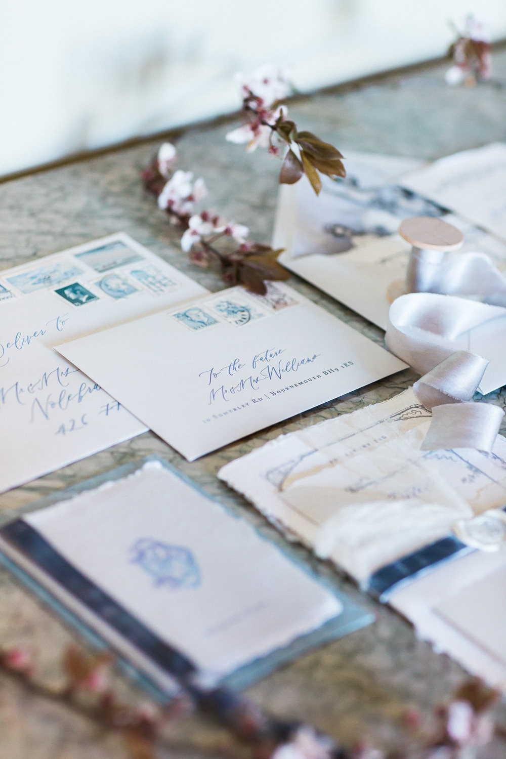 Modern Dance Ballet Dance Inspired Editorial Fine Art Stationery Dusty Blue Cherry Blossoms White Wax Seal Marble | Romantic Soft Wedding Ideas Siobhan H Photography