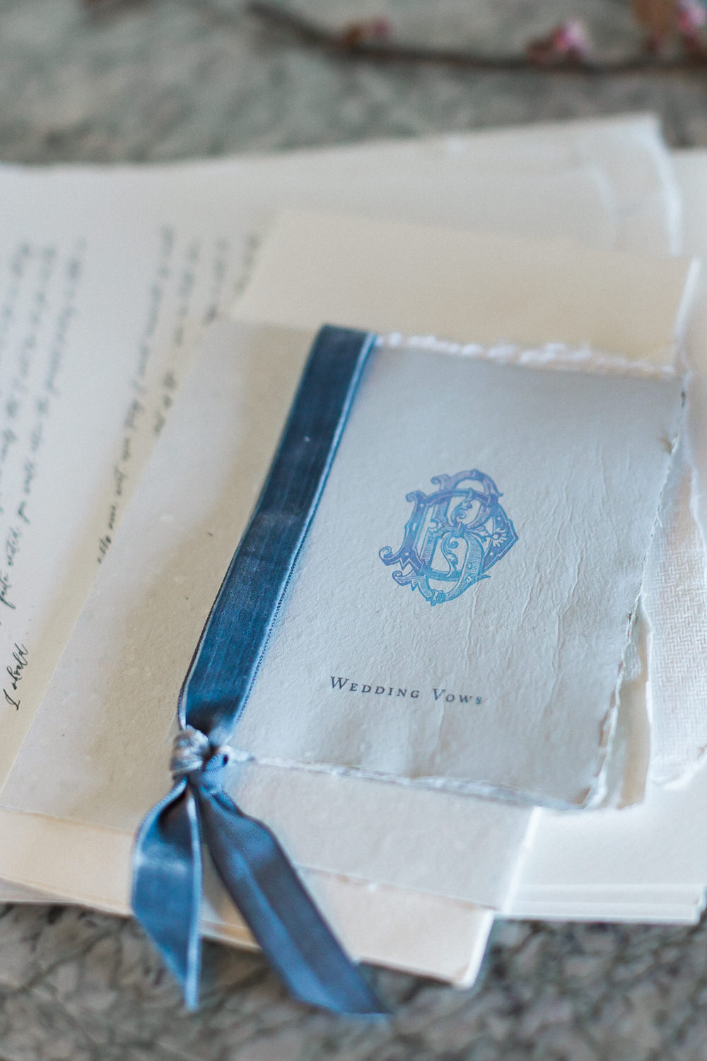 Modern Dance Ballet Dance Inspired Editorial Fine Art Stationery Dusty Blue Cherry Blossoms Blue Velvet Vow Booklets | Romantic Soft Wedding Ideas Siobhan H Photography