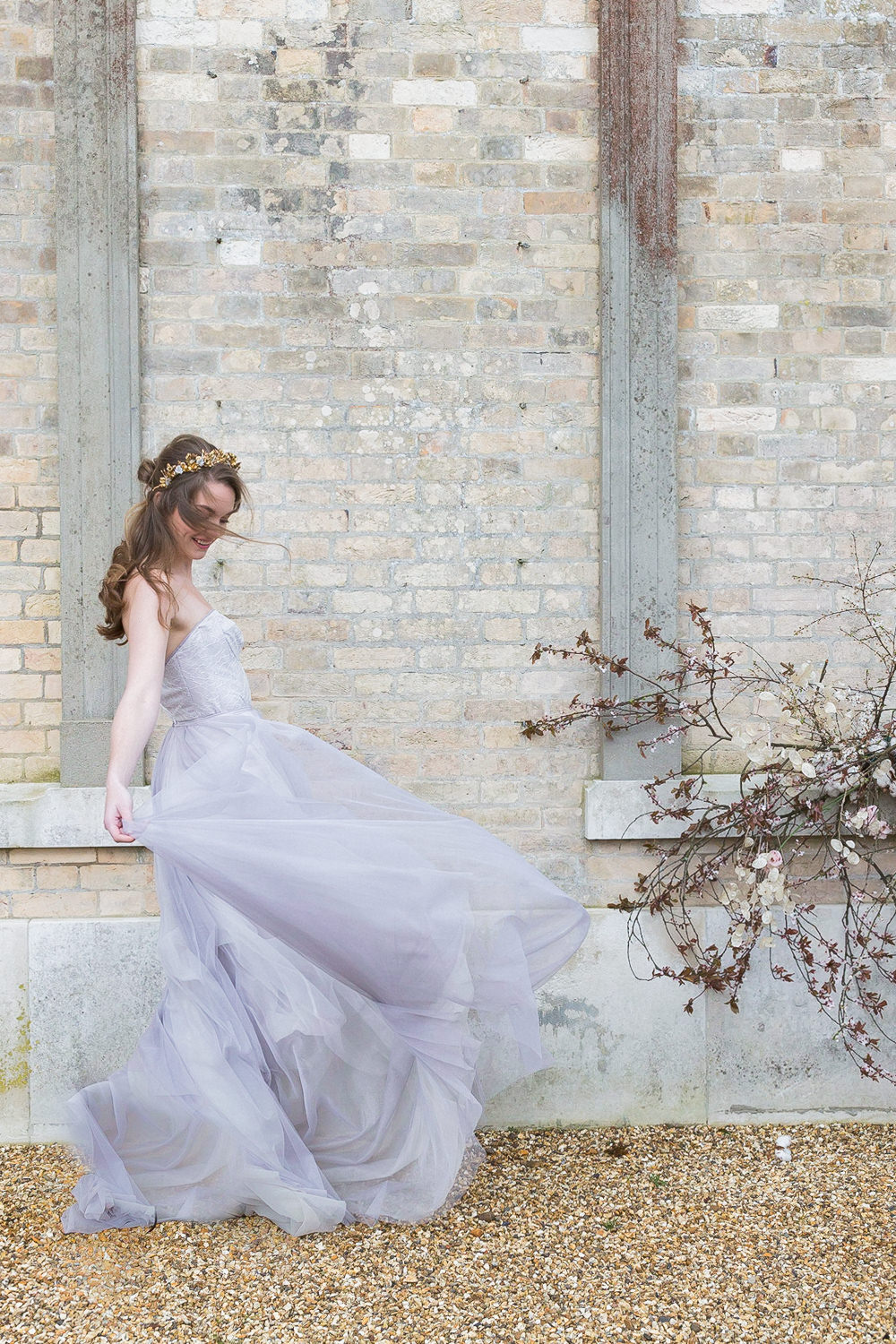 Modern Ballet Inspired Editorial Fine Art Somerley House Bride Lilac Dress Naomi Neoh Samantha Walden Gold Floral Headpiece Tiara Cherry Blossoms Lunaria | Romantic Soft Wedding Ideas Siobhan H Photography