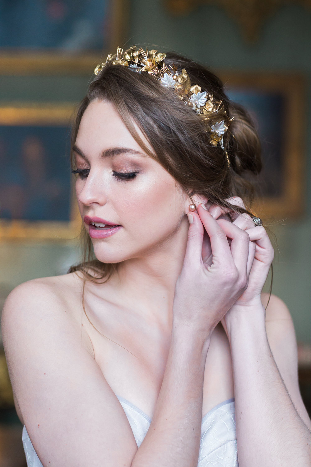 Modern Ballet Inspired Editorial Fine Art Somerley House Bride Lilac Dress Naomi Neoh Samantha Walden Gold Floral Headpiece Tiara Pearls | Romantic Soft Wedding Ideas Siobhan H Photography