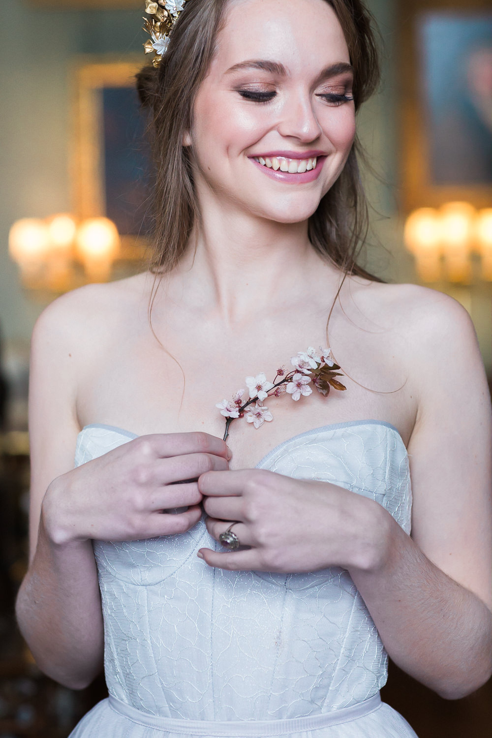 Modern Ballet Inspired Editorial Fine Art Somerley House Bride Lilac Dress Naomi Neoh Samantha Walden Gold Floral Headpiece Tiara Cherry Blossom | Romantic Soft Wedding Ideas Siobhan H Photography