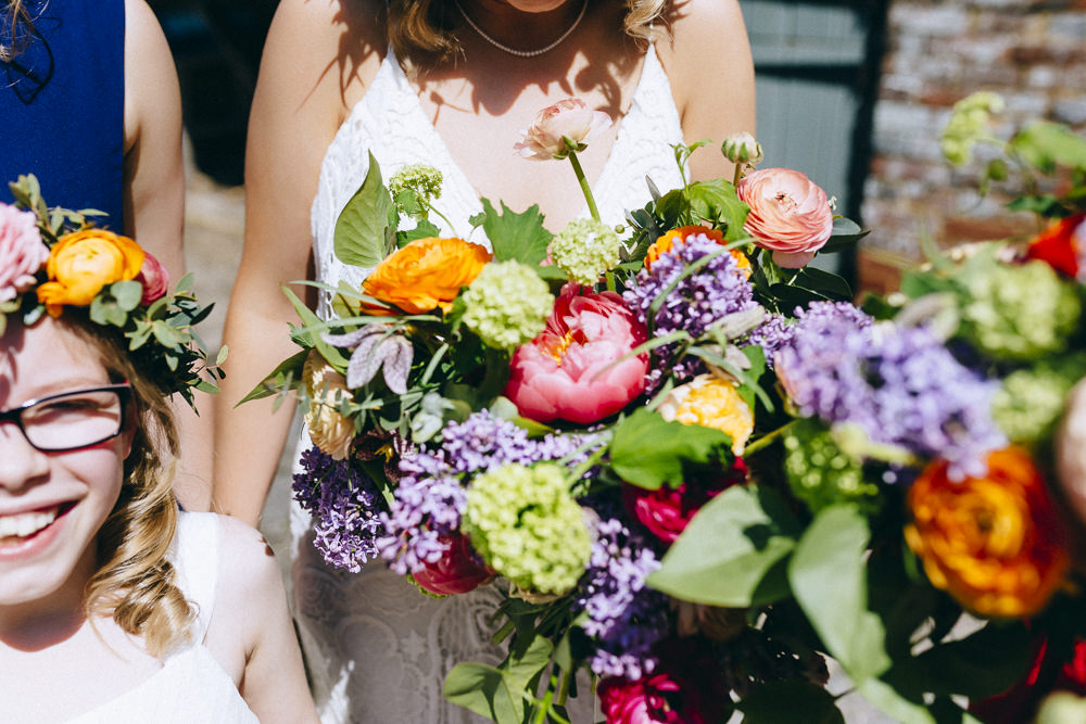Flowers Bouquet Bridal Colourful Rose Peony Peonies Foliage Rue De Seine Wedding Dress Bride Curious Rose Photography