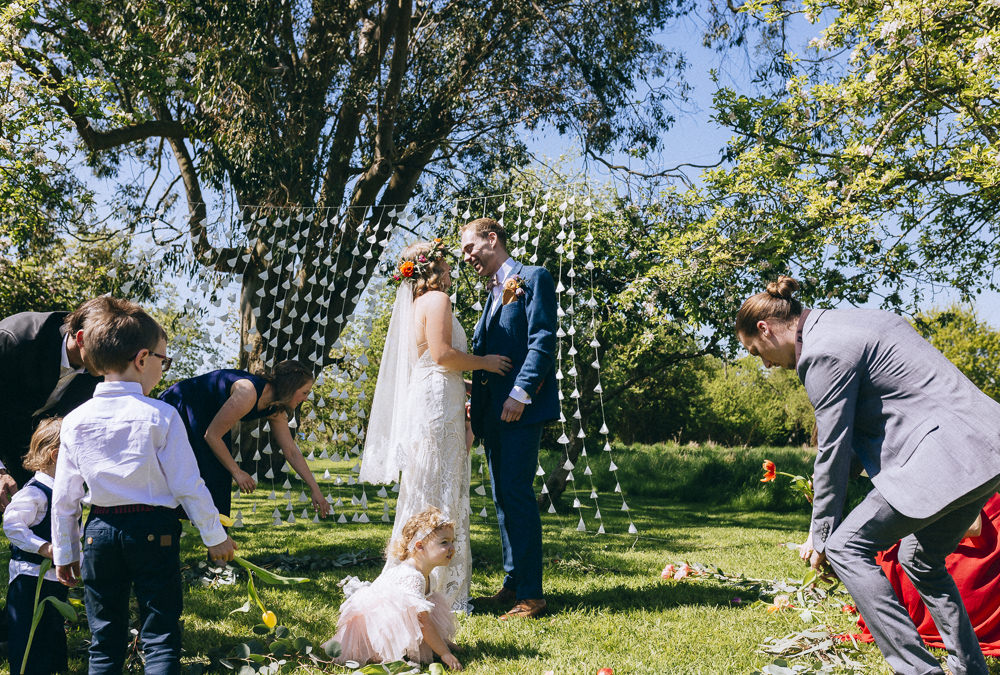 Paper Cone Backdrop Garland Tree Ceremony Outdoor Rue De Seine Wedding Dress Bride Curious Rose Photography