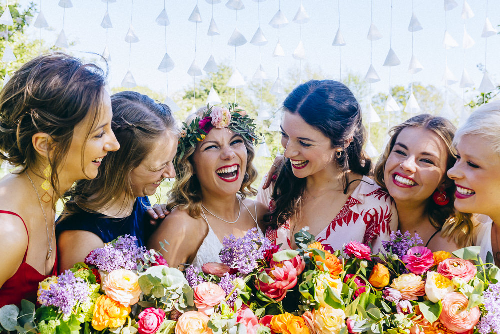 Flowers Bouquet Bridal Colourful Rose Peony Peonies Foliage Bridesmaids Rue De Seine Wedding Dress Bride Curious Rose Photography