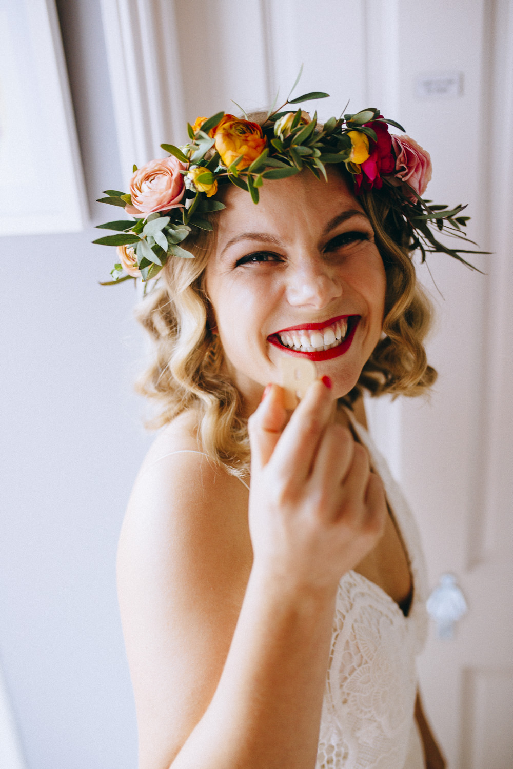 Ranunculus Greenery Flower Crown Bridal Make Up Red Lipstick Rue De Seine Wedding Dress Bride Curious Rose Photography