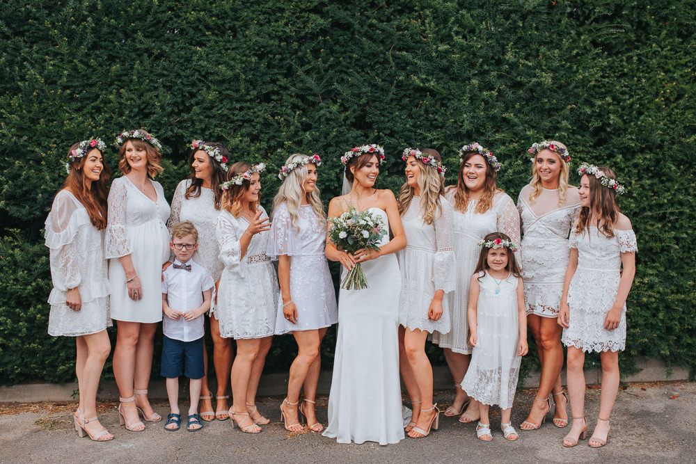 Bridesmaids White Dresses Mismatched Flower Crowns Summer Boho Outdoor Wedding A Little Picture