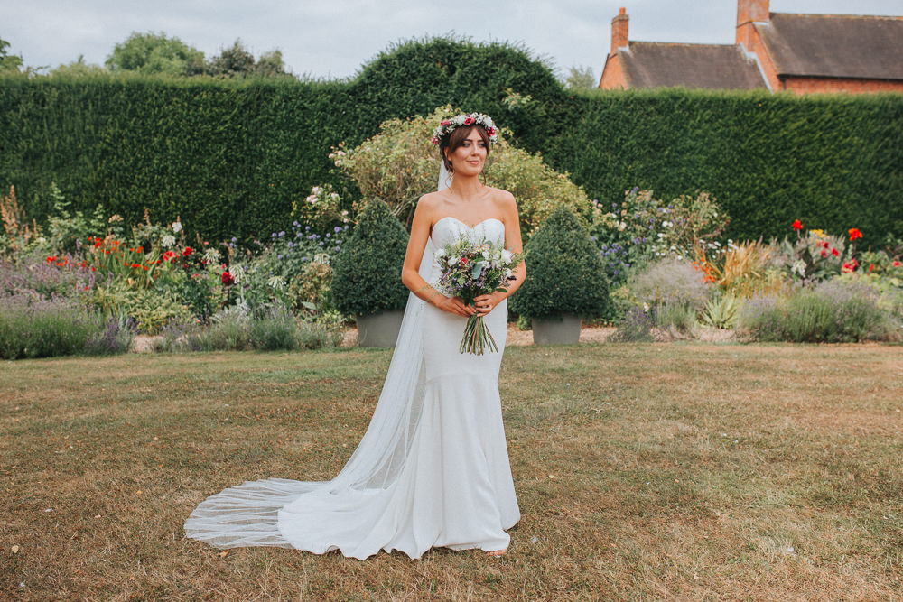 Martina Liana Dress Gown Bride Bridal Strapless Fit Flare Train Veil Flower Crown Summer Boho Outdoor Wedding A Little Picture