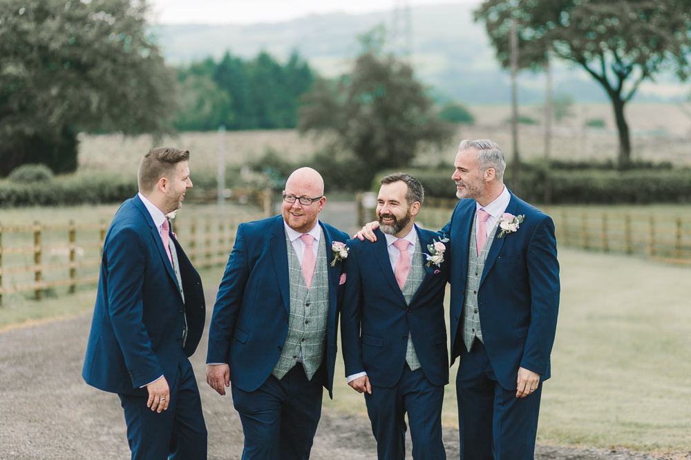 Groom Groomsmen Suits Navy Pink Ties Grey Waistcoats Wellbeing Farm Wedding Anna Wood Photography