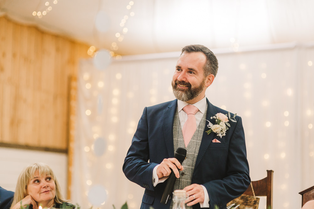 Groom Groomsmen Suit Navy Pink Tie Grey Waistcoat Wellbeing Farm Wedding Anna Wood Photography