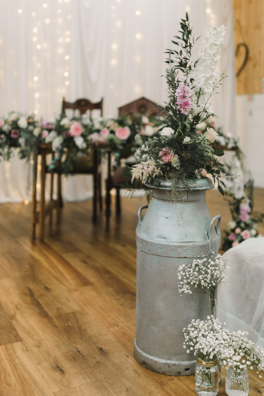 Milk Churn Flowers Pink Greenery Aisle Ceremony Wellbeing Farm Wedding Anna Wood Photography