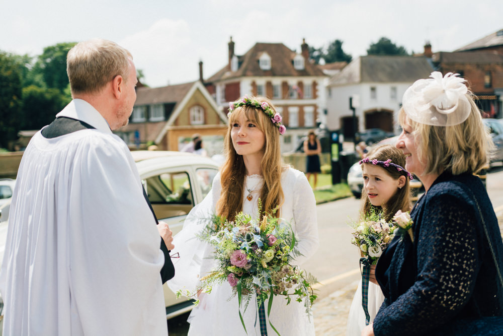 Bride Bridal Bespoke 1970s Medieval Lace Dress Gown Flower Crown Veil Wildflower Bouquet Westerham Golf Club Wedding Sarah Fleet Photography