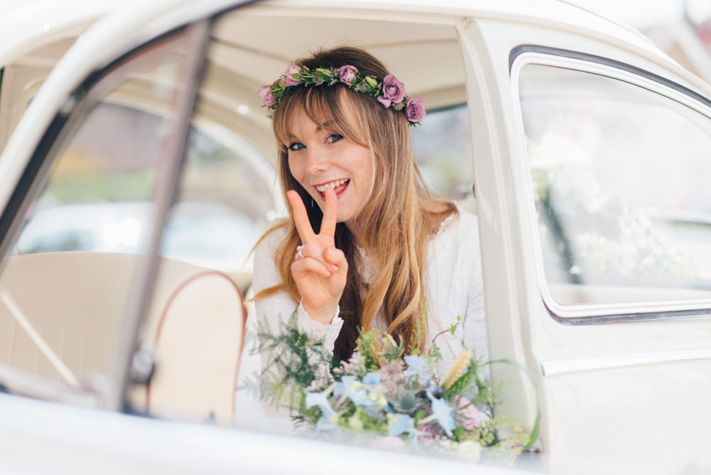 Bride Bridal Bespoke 1970s Medieval Lace Dress Gown Flower Crown Veil Wildflower Bouquet Westerham Golf Club Wedding Sarah Fleet Photography