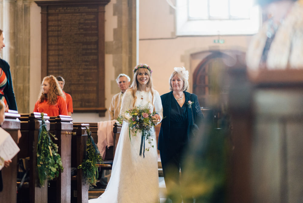 Bride Bridal Bespoke 1970s Medieval Lace Dress Gown Flower Crown Veil Wildflower Bouquet Westerham Golf Club Wedding Sarah Fleet Photography