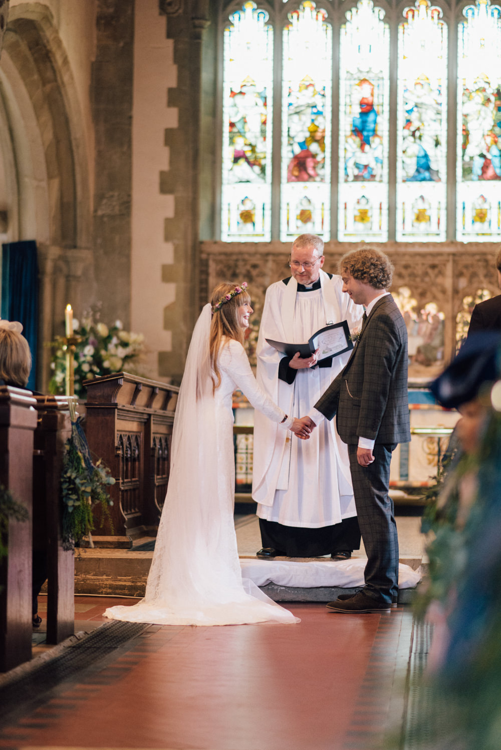 Bride Bridal Bespoke 1970s Medieval Lace Dress Gown Flower Crown Veil Check Suit Groom Westerham Golf Club Wedding Sarah Fleet Photography