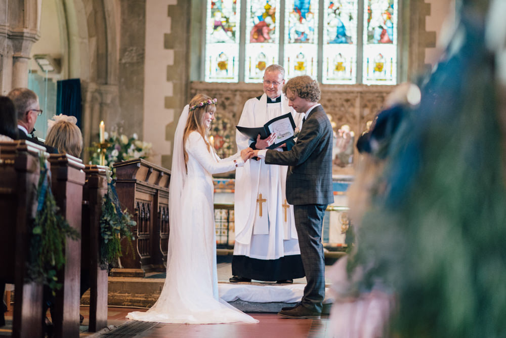 Bride Bridal Bespoke 1970s Medieval Lace Dress Gown Flower Crown Veil Check Suit Groom Westerham Golf Club Wedding Sarah Fleet Photography