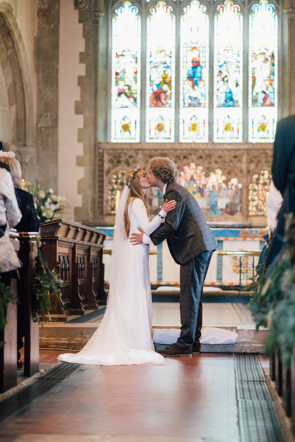 Bride Bridal Bespoke 1970s Medieval Lace Dress Gown Flower Crown Veil Check Suit Groom Westerham Golf Club Wedding Sarah Fleet Photography