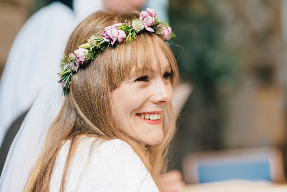 Bride Bridal Flower Crown Rose Pink 1970s Westerham Golf Club Wedding Sarah Fleet Photography
