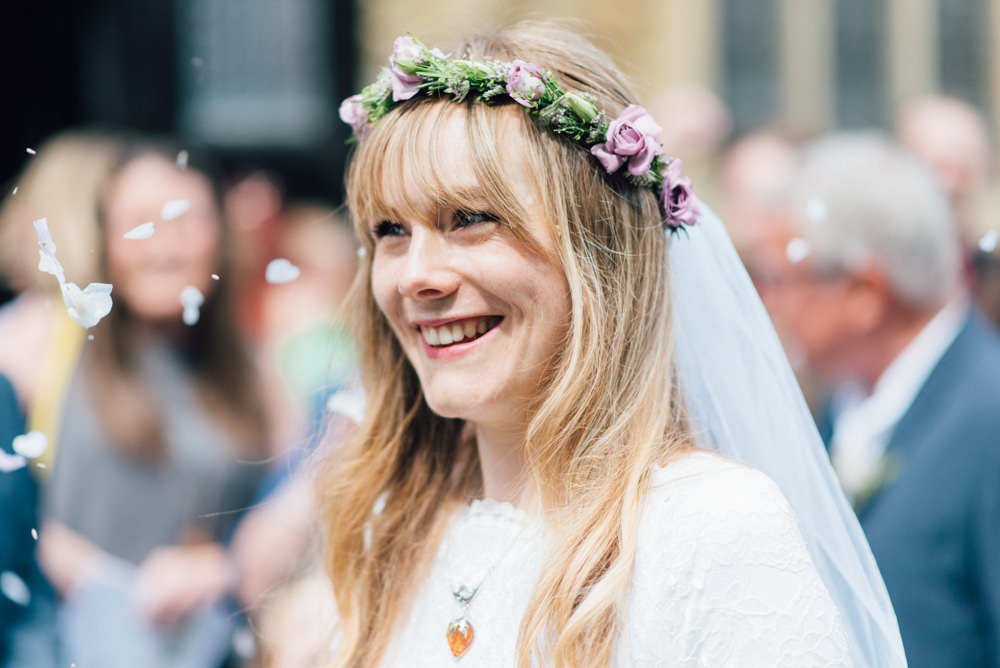 Bride Bridal Bespoke 1970s Medieval Lace Dress Gown Flower Crown Veil Westerham Golf Club Wedding Sarah Fleet Photography