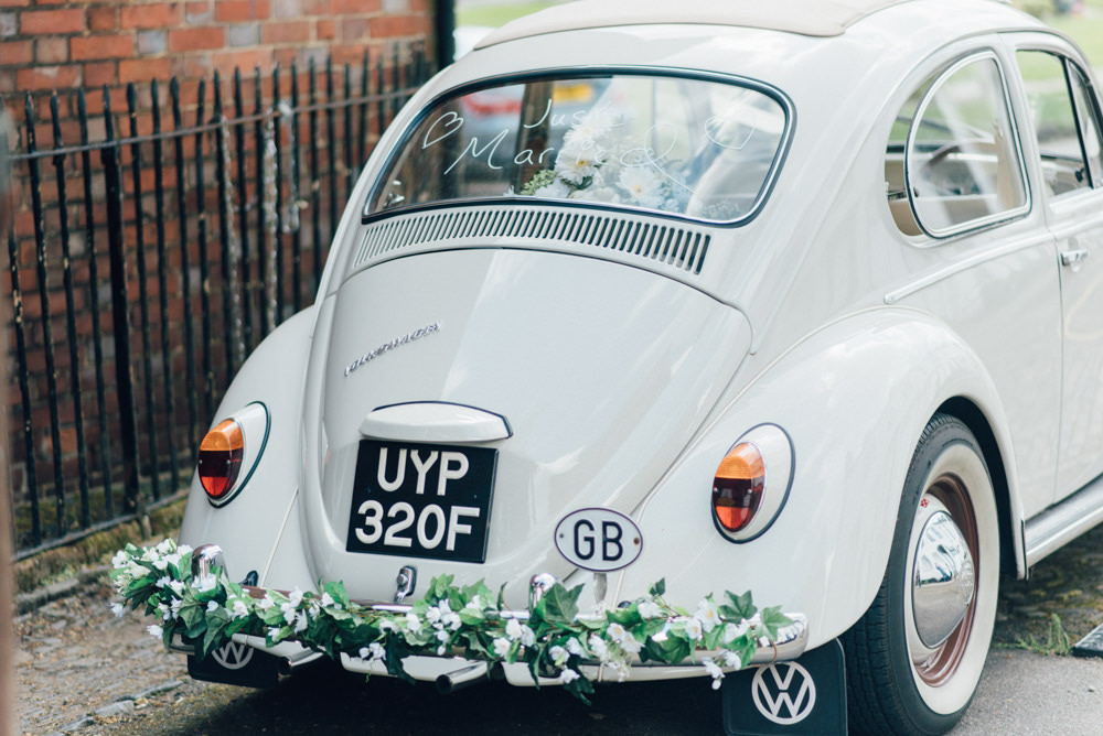 Wedding Transport Car VW Beetle Foliage Garland Westerham Golf Club Wedding Sarah Fleet Photography