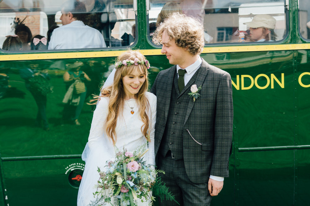 Bride Bridal Bespoke 1970s Medieval Lace Dress Gown Flower Crown Veil Check Suit Groom Wildflower Bouquet Westerham Golf Club Wedding Sarah Fleet Photography