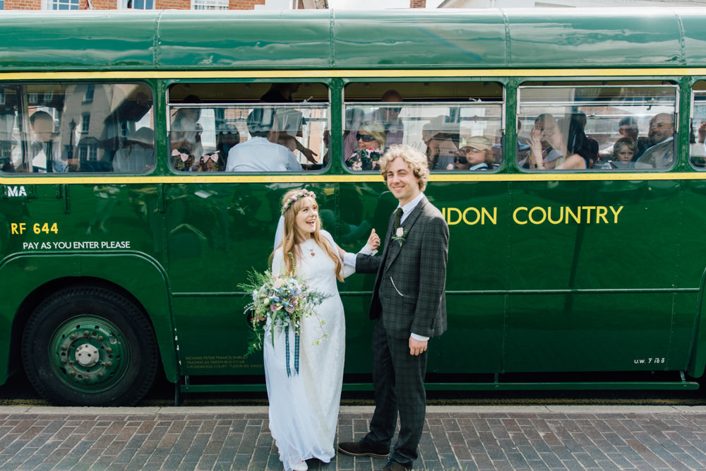 Bride Bridal Bespoke 1970s Medieval Lace Dress Gown Flower Crown Veil Check Suit Groom Wildflower Bouquet Westerham Golf Club Wedding Sarah Fleet Photography
