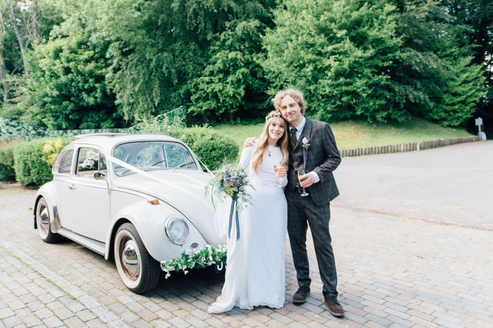 Bride Bridal Bespoke 1970s Medieval Lace Dress Gown Flower Crown Veil Check Suit Groom Wildflower Bouquet VW Beetle Westerham Golf Club Wedding Sarah Fleet Photography