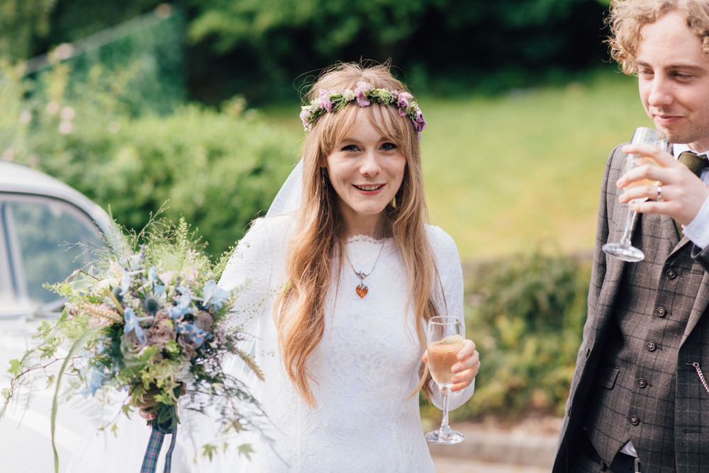 Bride Bridal Bespoke 1970s Medieval Lace Dress Gown Flower Crown Veil Check Suit Groom Three Piece Westerham Golf Club Wedding Sarah Fleet Photography