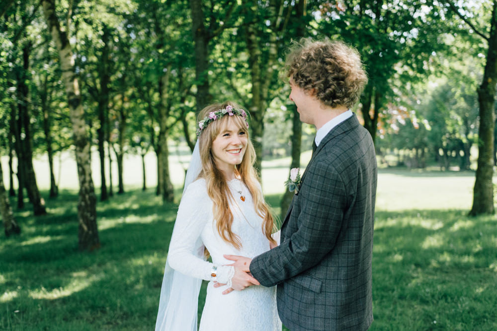 Bride Bridal Bespoke 1970s Medieval Lace Dress Gown Flower Crown Veil Check Suit Groom Westerham Golf Club Wedding Sarah Fleet Photography
