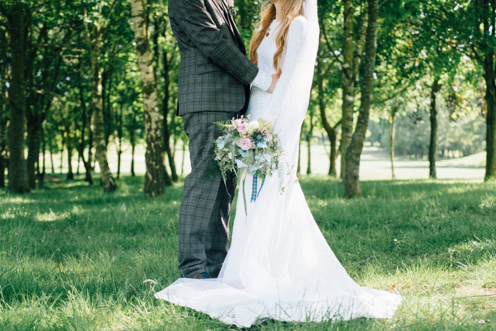 Bride Bridal Bespoke 1970s Medieval Lace Dress Gown Flower Crown Veil Check Suit Groom Wildflower Bouquet Westerham Golf Club Wedding Sarah Fleet Photography