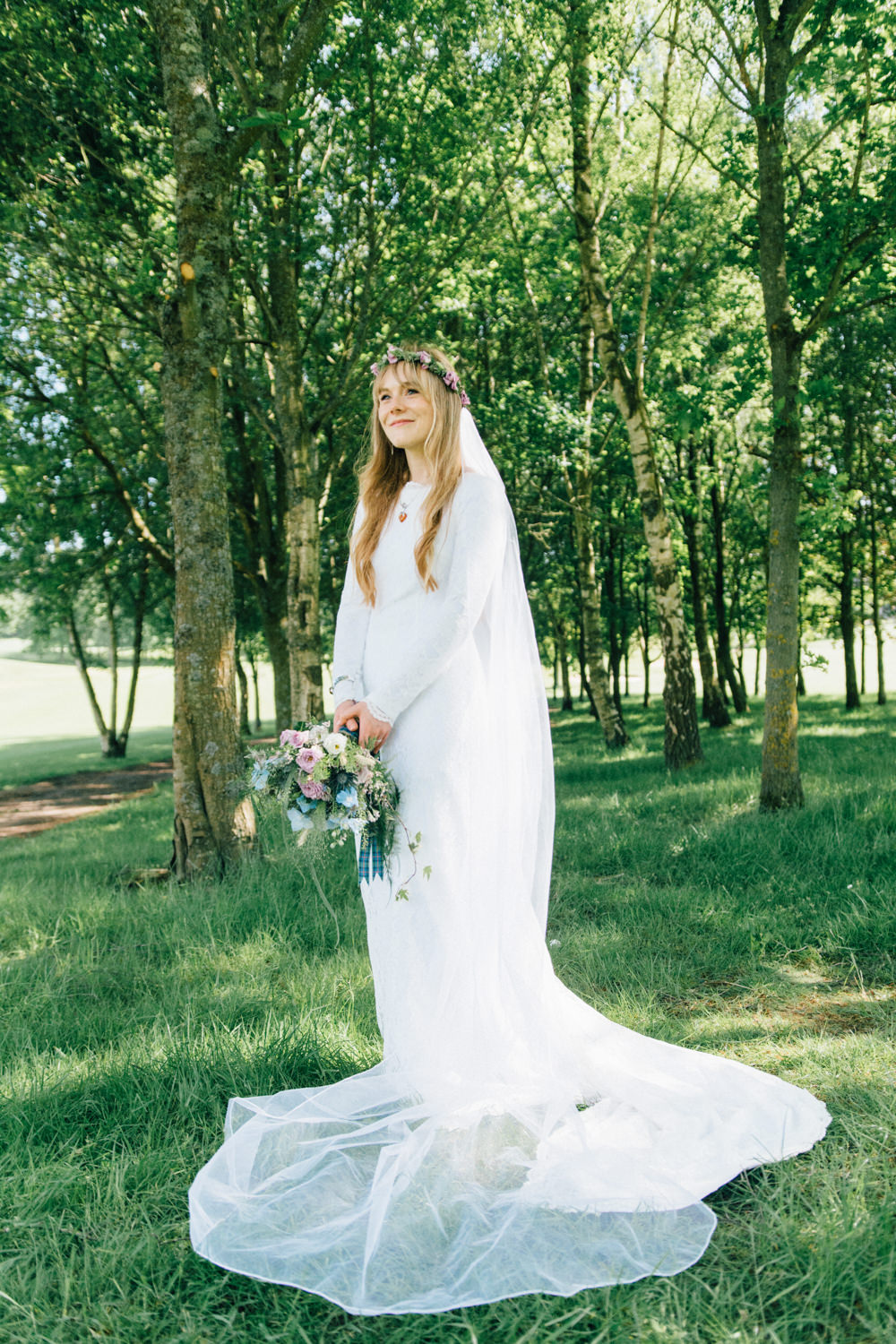 Bride Bridal Bespoke 1970s Medieval Lace Dress Gown Flower Crown Veil Wildflower Bouquet Westerham Golf Club Wedding Sarah Fleet Photography