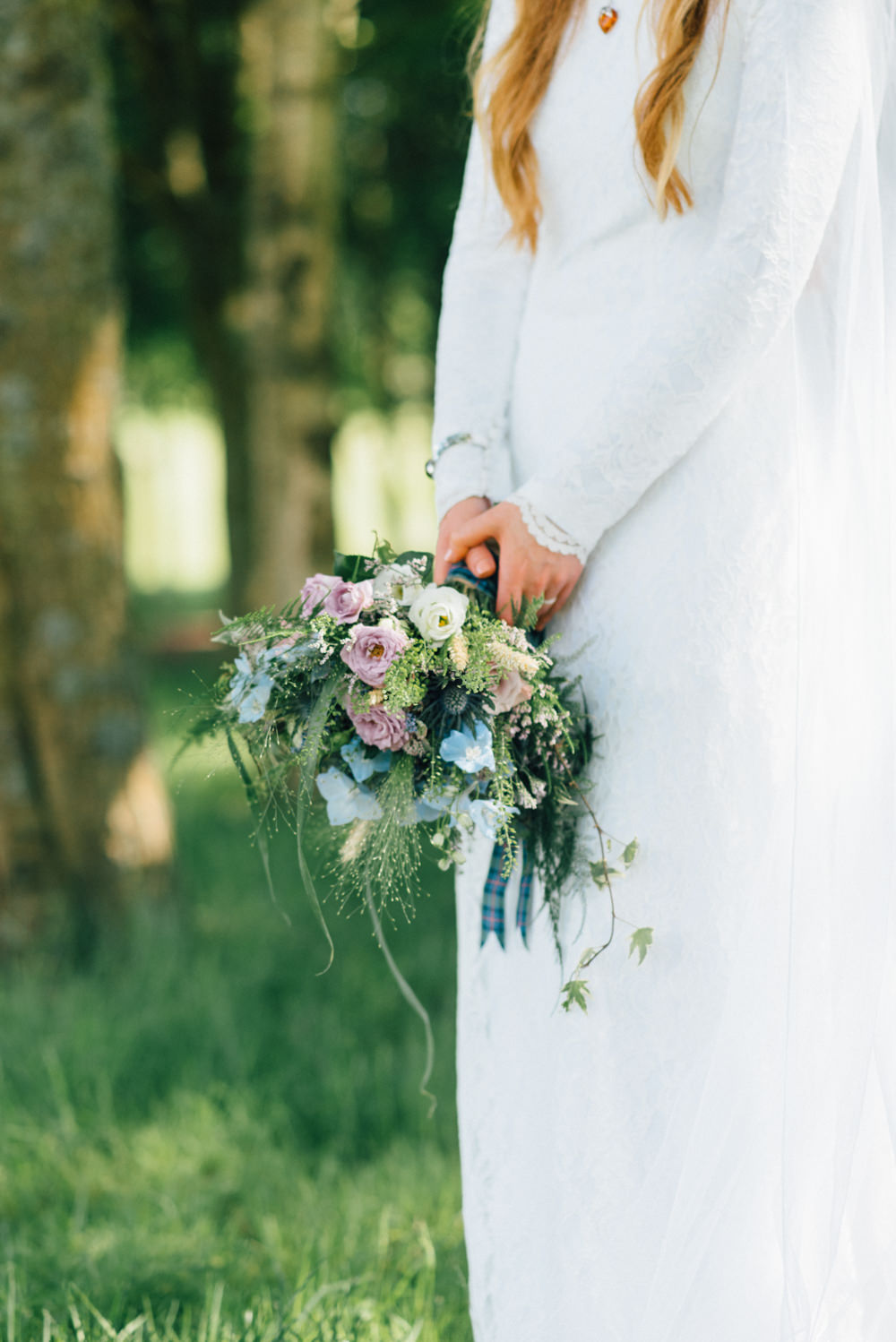 Bride Bridal Pink Blue WIldflower Meadow Bouquet 1970s Long Sleeve Medieval Dress Gown Westerham Golf Club Wedding Sarah Fleet Photography