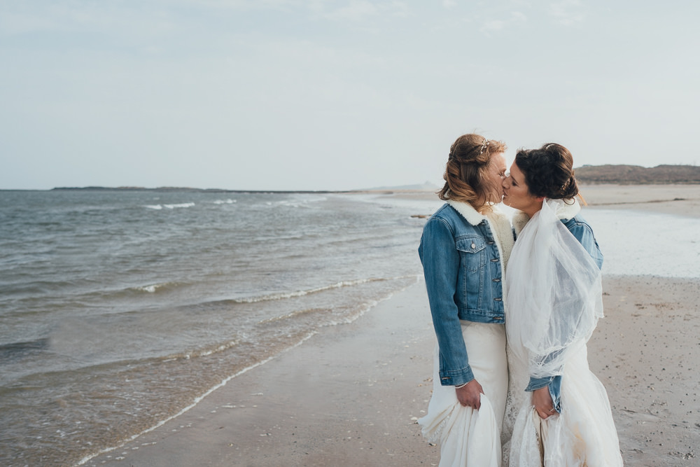 Bride Bridal Boat Neck Sweetheart Sleeveless Lace Illusion Button Detail Dress Gown Denim Jacket Wild Rustic Glam Sea Wedding Mr and Mrs Wedding Photography