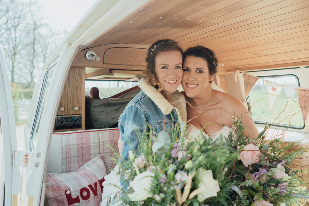 Bride Bridal Boat Neck Sweetheart Sleeveless Lace Illusion Button Detail Dress Gown Wildflower Meadow Bouquet denim Jacket Camper Van Wild Rustic Glam Sea Wedding Mr and Mrs Wedding Photography