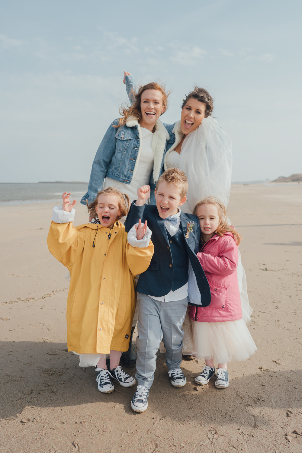 Bride Bridal Boat Neck Sweetheart Sleeveless Lace Illusion Button Detail Dress Gown Wildflower Meadow Bouquet Denim Jacket Children Family Wild Rustic Glam Sea Wedding Mr and Mrs Wedding Photography