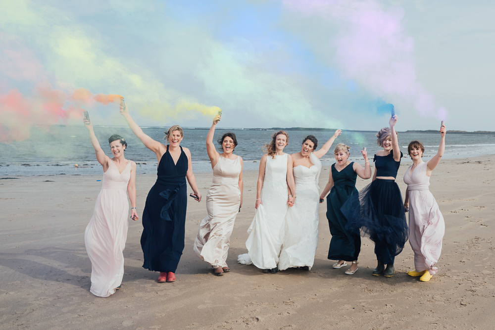 Bride Bridal Boat Neck Sweetheart Sleeveless Lace Illusion Button Detail Dress Gown Bridesmaids Pink Navy Smoke Bomb Rainbow Wild Rustic Glam Sea Wedding Mr and Mrs Wedding Photography