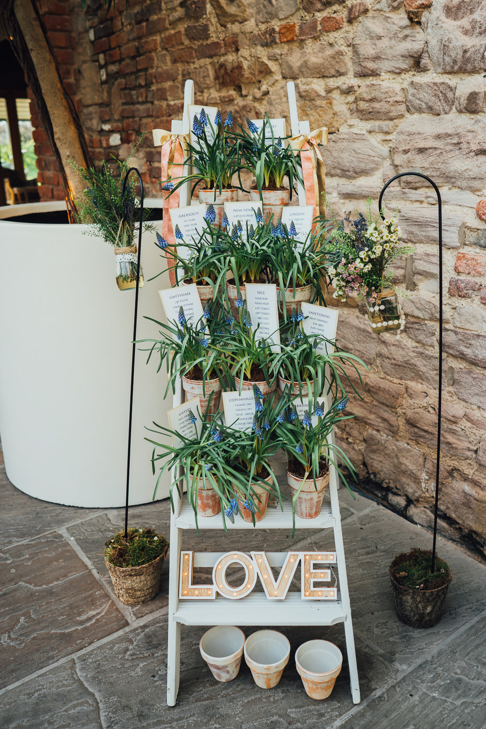 Stepladder Table Plan Pots Plants Shepherds Crooks Wild Rustic Glam Sea Wedding Mr and Mrs Wedding Photography