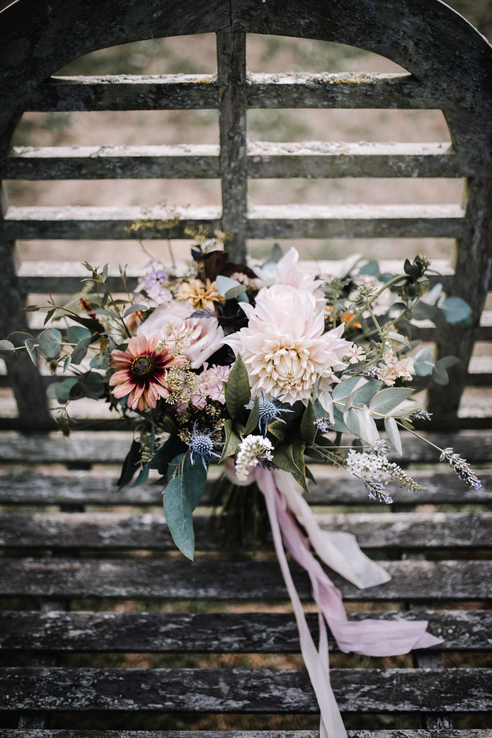 Bouquet Flowers Bride Bridal Blush Dahlia Thistle Ribbons Alcott Weddings Oobaloos Photography