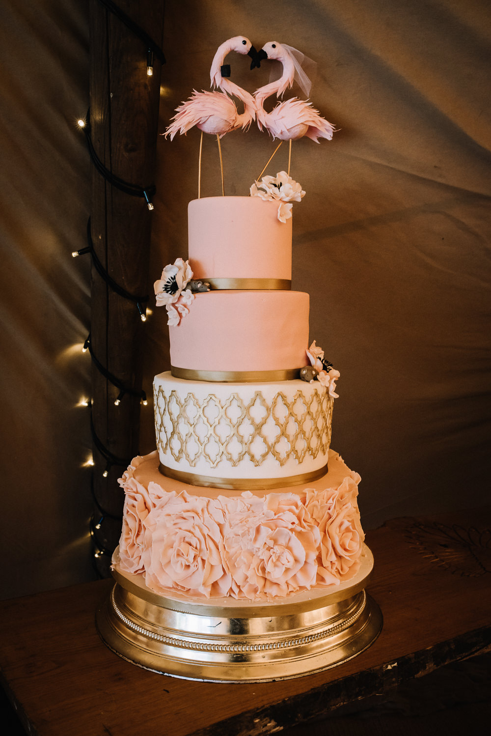 Flamingo Pink Gold Cake Alcott Weddings Oobaloos Photography