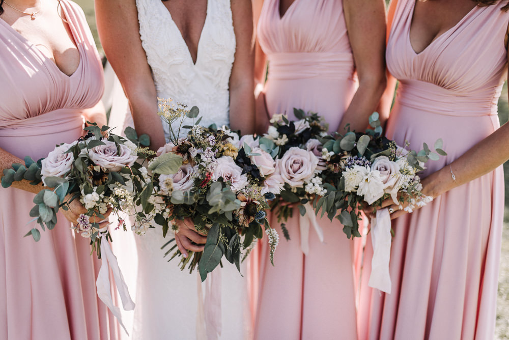 Bouquet Flowers Bride Bridal Blush Dahlia Thistle Ribbons Bridesmaids Alcott Weddings Oobaloos Photography