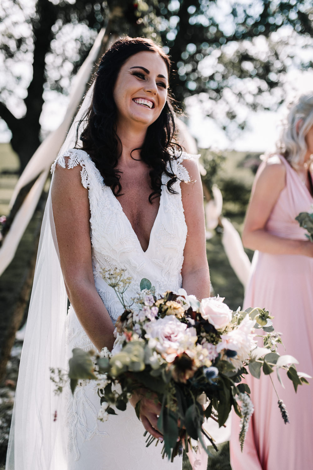 Bouquet Flowers Bride Bridal Blush Dahlia Thistle Ribbons Alcott Weddings Oobaloos Photography
