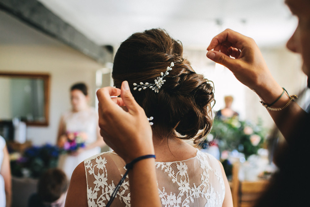 Bride Bridal Bridesmaids Lace Hair Piece Pearl Up Do Bach Wen Farm Wedding Jessica O'Shaughnessy Photography