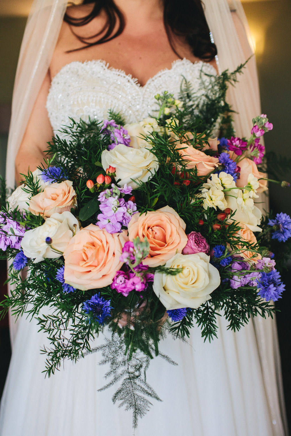 Bride Bridal Bouquet Thistle Greenery Peach Cream Rose Violets Bach Wen Farm Wedding Jessica O'Shaughnessy Photography