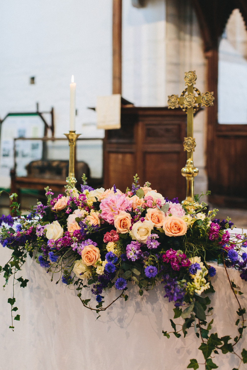 Altar Floral Arrangement Peach Pink Roses Purple Bach Wen Farm Wedding Jessica O'Shaughnessy Photography